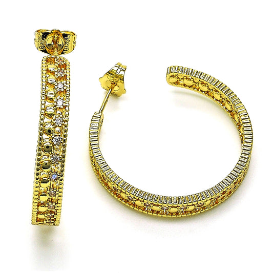 Oro Laminado Stud Earring, Gold Filled Style with White Micro Pave, Polished, Golden Finish