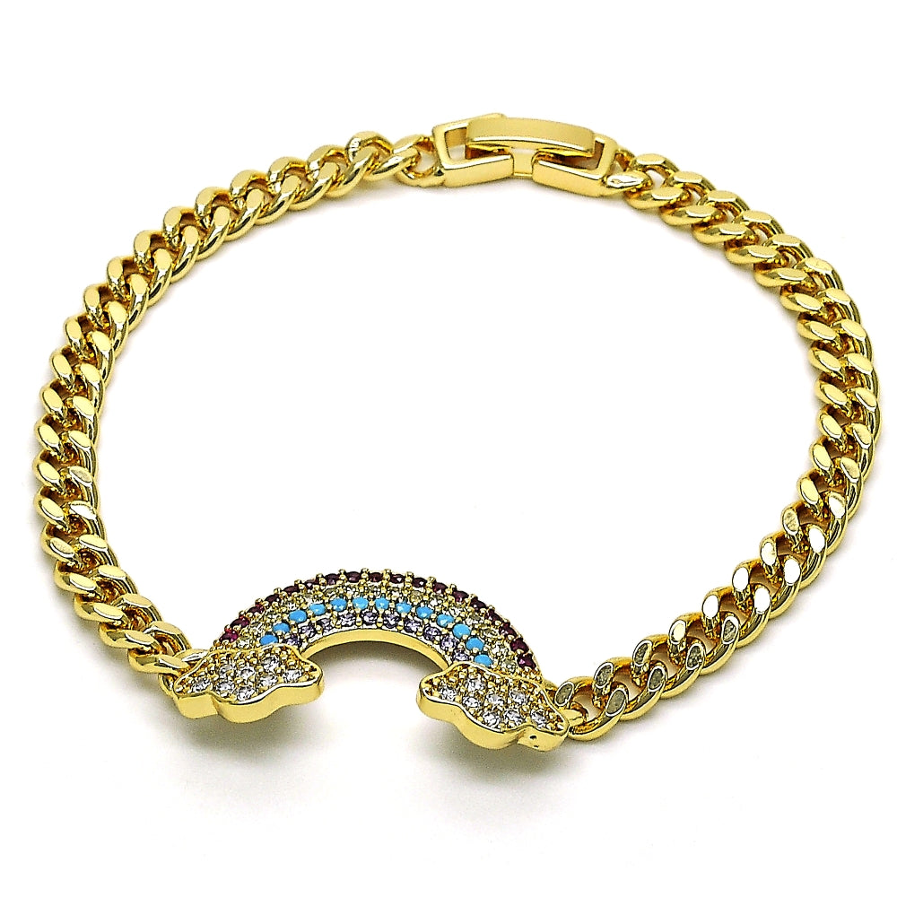Oro Laminado Fancy Bracelet, Gold Filled Style Curb Design, with Multicolor Micro Pave, Polished, Golden Finish