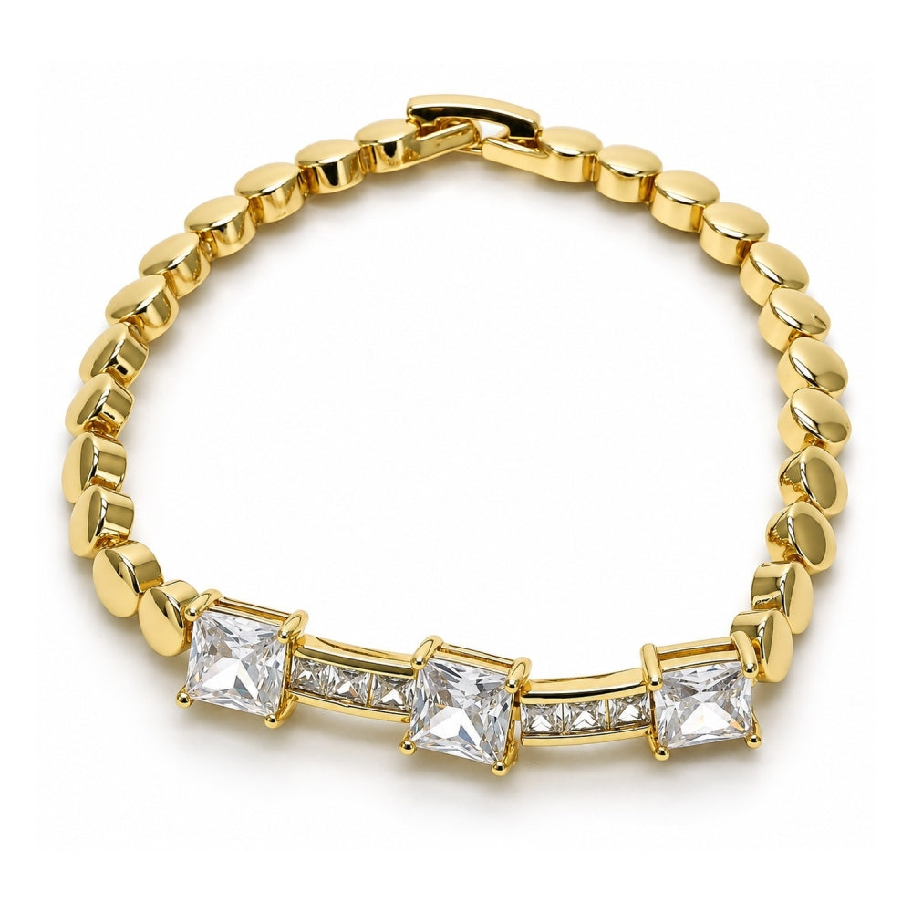 Oro Laminado Fancy Bracelet, Gold Filled Style with White Cubic Zirconia, Polished, Golden Finish
