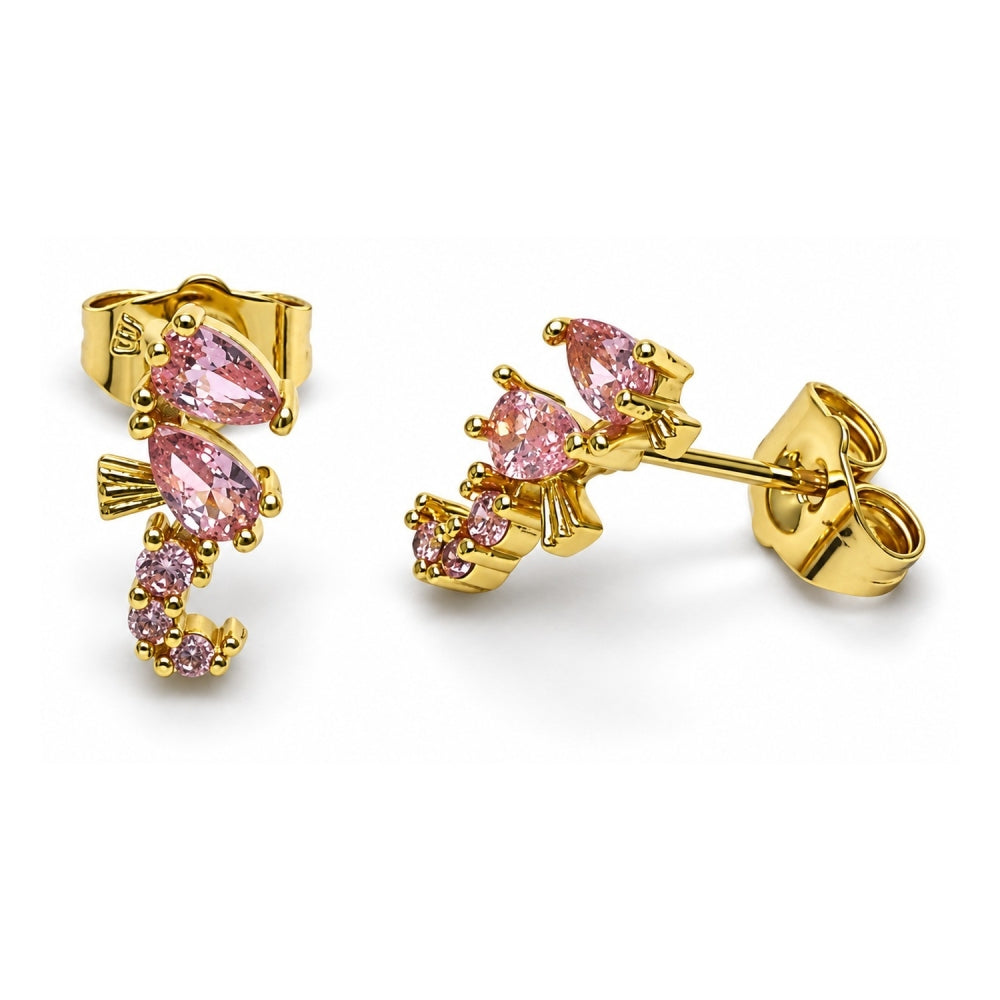 Oro Laminado Stud Earring, Gold Filled Style Seahorse Design, with Pink Cubic Zirconia, Polished, Golden Finish