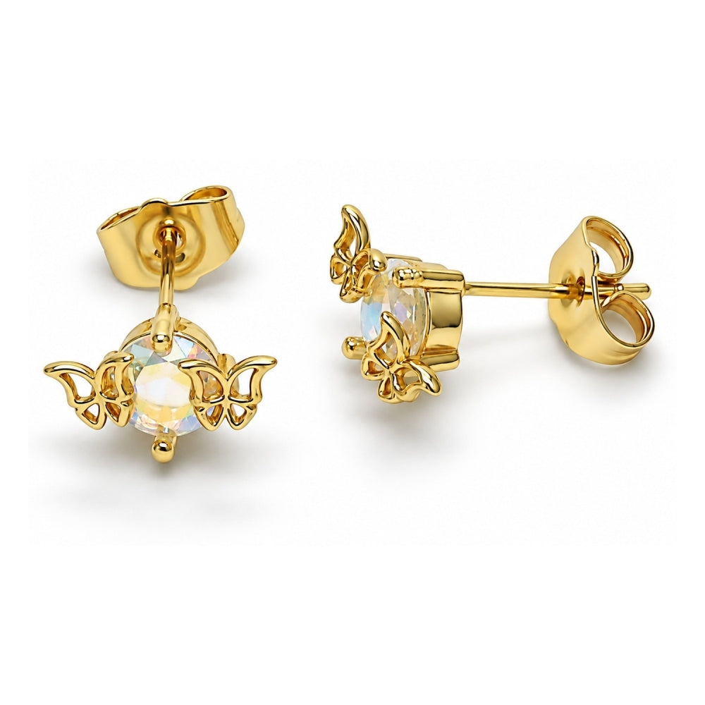 Oro Laminado Stud Earring, Gold Filled Style Butterfly Design, with Aurore Boreale Cubic Zirconia, Polished, Golden Finish