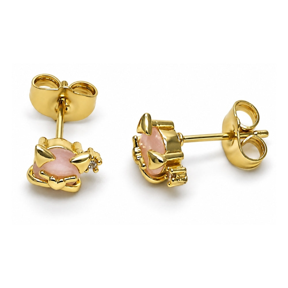 Oro Laminado Stud Earring, Gold Filled Style Teddy Bear and Heart Design, with Rose Water Opal Cubic Zirconia, Polished, Golden Finish