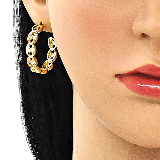 Oro Laminado Medium Hoop, Gold Filled Style Puff Mariner Design, with White Micro Pave, Polished, Golden Finish
