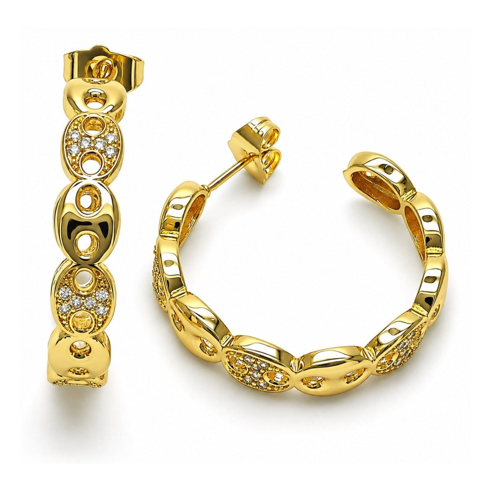 Oro Laminado Medium Hoop, Gold Filled Style Puff Mariner Design, with White Micro Pave, Polished, Golden Finish