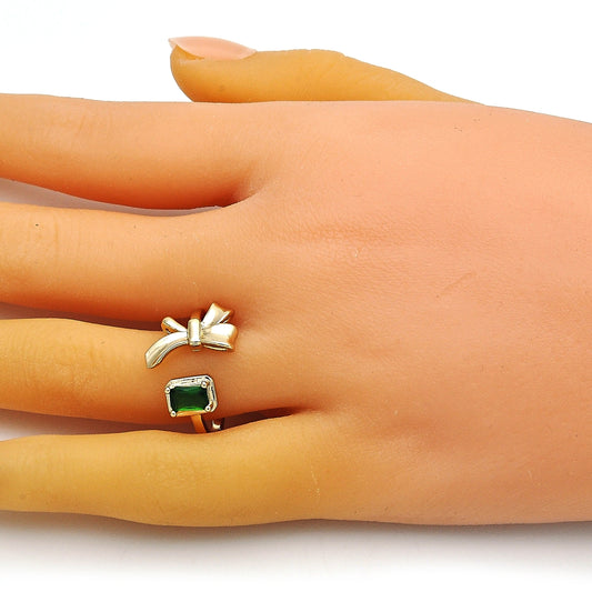 Oro Laminado Multi Stone Ring, Gold Filled Style Bow Design, with Green Cubic Zirconia, Polished, Golden Finish