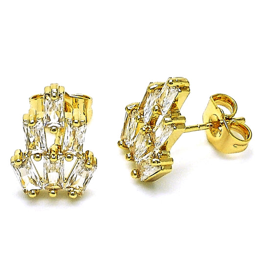Oro Laminado Stud Earring, Gold Filled Style Baguette Design, with White Cubic Zirconia, Polished, Golden Finish