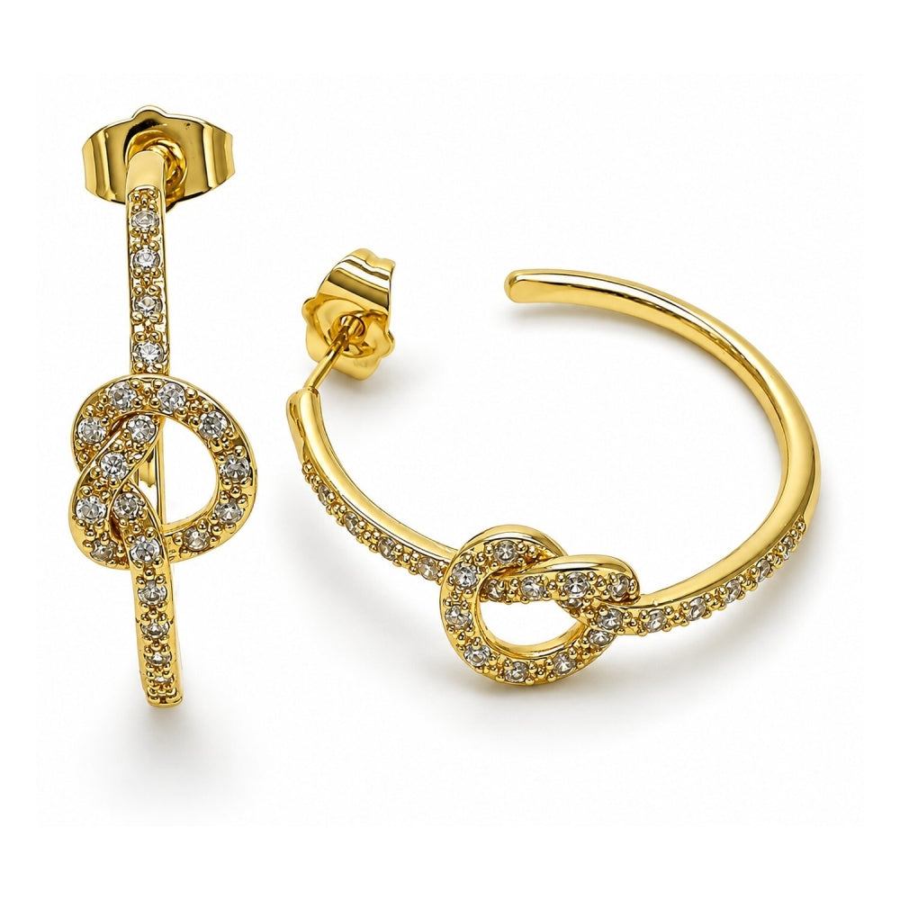 Oro Laminado Medium Hoop, Gold Filled Style Love Knot Design, with White Micro Pave, Polished, Golden Finish