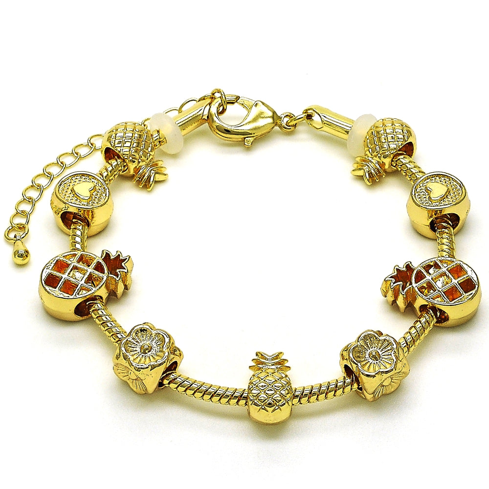 Oro Laminado Fancy Bracelet, Gold Filled Style Pineapple and Flower Design, Polished, Golden Finish