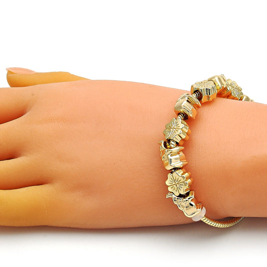 Oro Laminado Fancy Bracelet, Gold Filled Style Elephant and Four-leaf Clover Design, Polished, Golden Finish