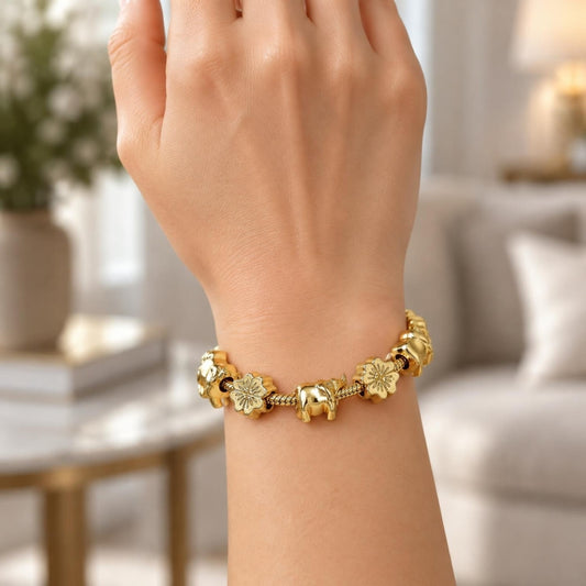 Oro Laminado Fancy Bracelet, Gold Filled Style Elephant and Four-leaf Clover Design, Polished, Golden Finish