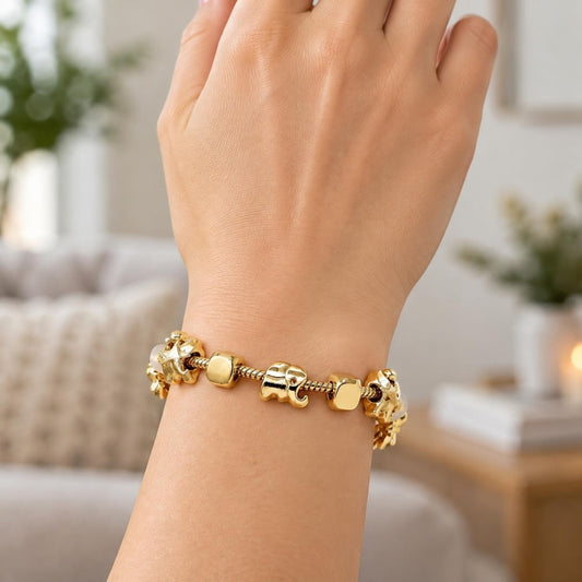 Oro Laminado Fancy Bracelet, Gold Filled Style Elephant and Little Girl Design, Polished, Golden Finish
