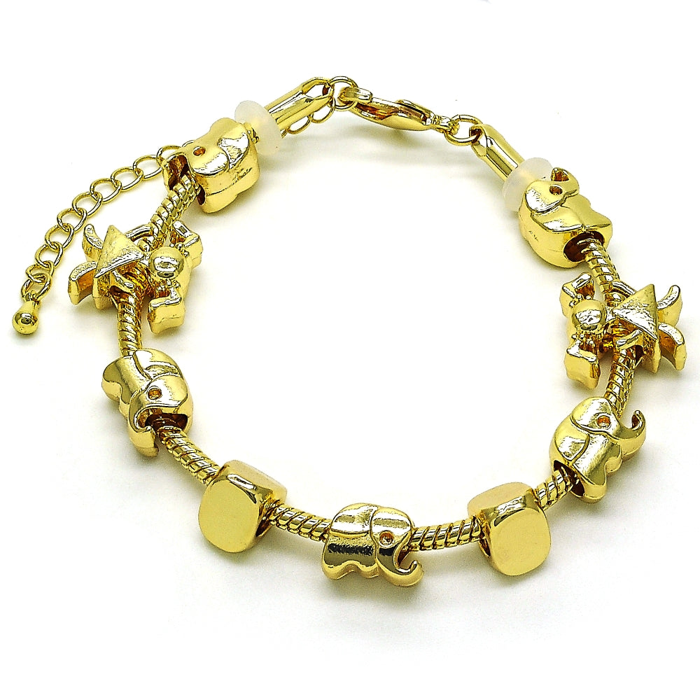 Oro Laminado Fancy Bracelet, Gold Filled Style Elephant and Little Girl Design, Polished, Golden Finish
