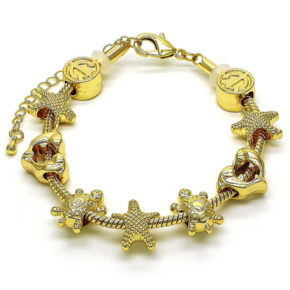 Oro Laminado Fancy Bracelet, Gold Filled Style Star and Turtle Design, Polished, Golden Finish