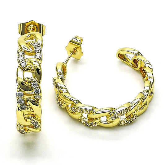 Oro Laminado Medium Hoop, Gold Filled Style Pave Cuban Design, Polished, Golden Finish
