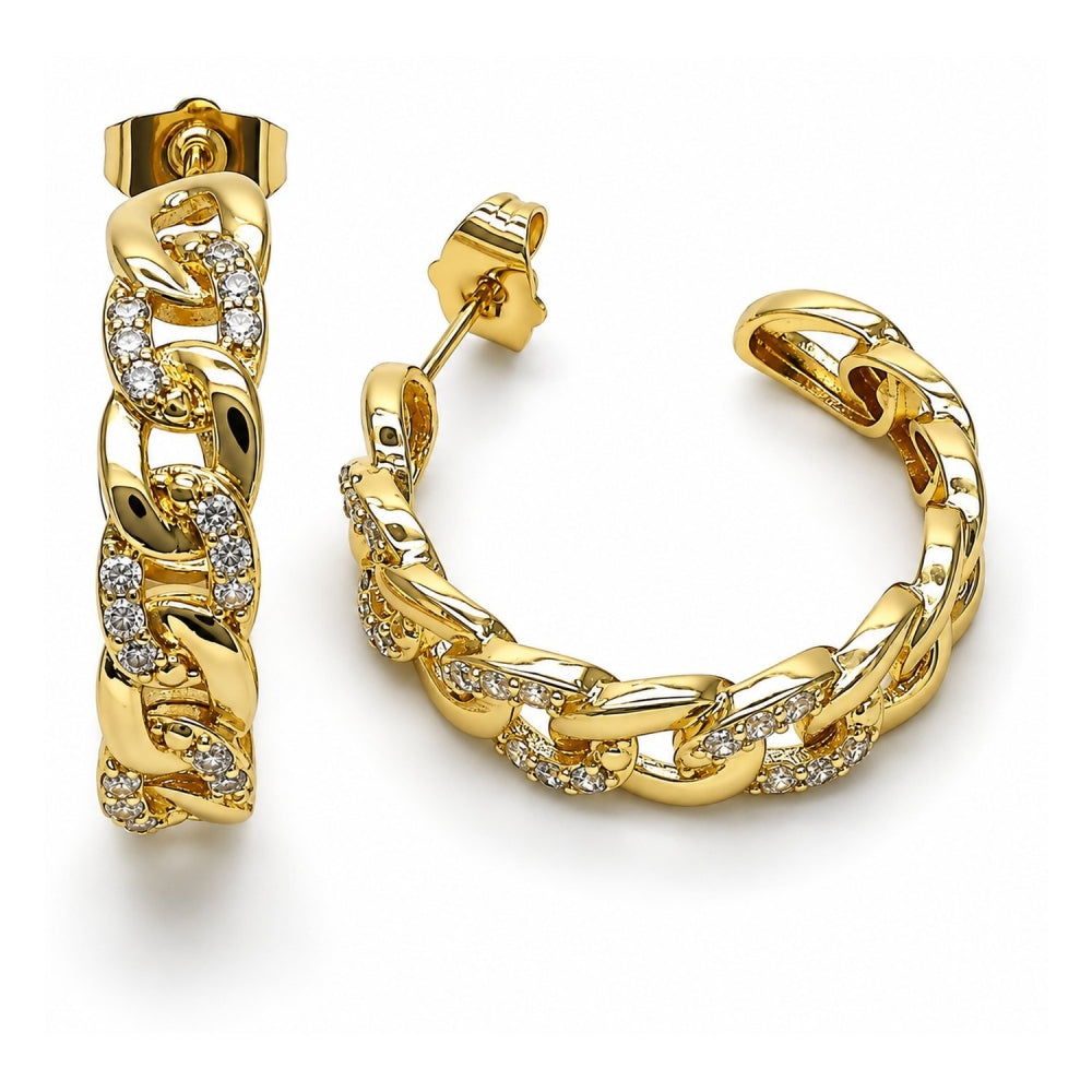 Oro Laminado Medium Hoop, Gold Filled Style Pave Cuban Design, Polished, Golden Finish