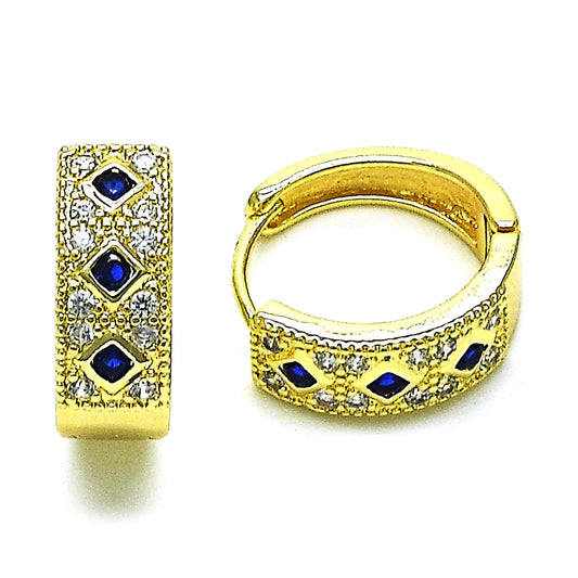 Oro Laminado Huggie Hoop, Gold Filled Style with Sapphire Blue Cubic Zirconia and White Micro Pave, Polished, Golden Finish