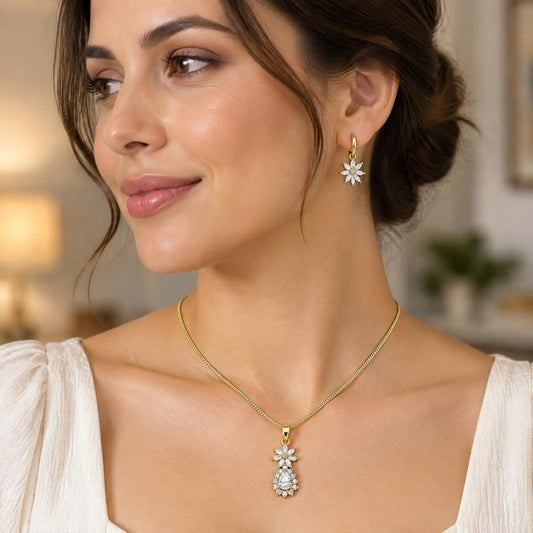 Oro Laminado Earring and Pendant Adult Set, Gold Filled Style Flower and Teardrop Design, with White Cubic Zirconia, Polished, Golden Finish