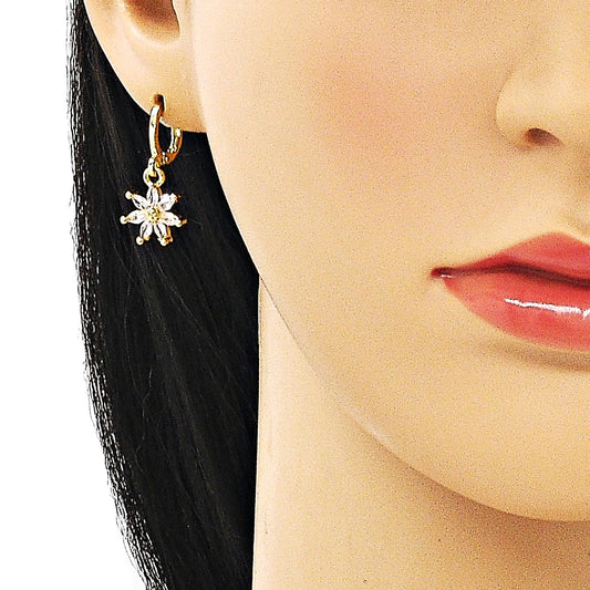 Oro Laminado Earring and Pendant Adult Set, Gold Filled Style Flower and Teardrop Design, with White Cubic Zirconia, Polished, Golden Finish