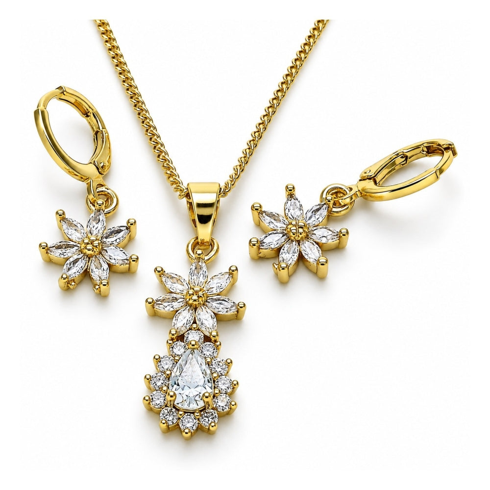 Oro Laminado Earring and Pendant Adult Set, Gold Filled Style Flower and Teardrop Design, with White Cubic Zirconia, Polished, Golden Finish