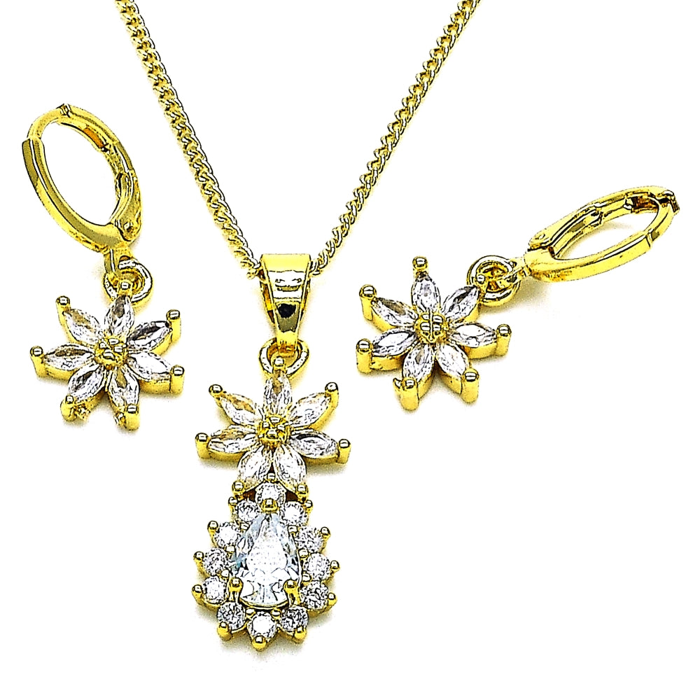 Oro Laminado Earring and Pendant Adult Set, Gold Filled Style Flower and Teardrop Design, with White Cubic Zirconia, Polished, Golden Finish