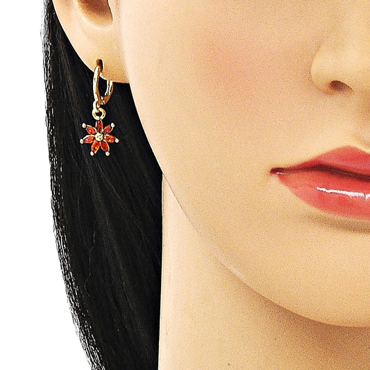 Oro Laminado Earring and Pendant Adult Set, Gold Filled Style Flower and Teardrop Design, with Garnet and White Cubic Zirconia, Polished, Golden Finish