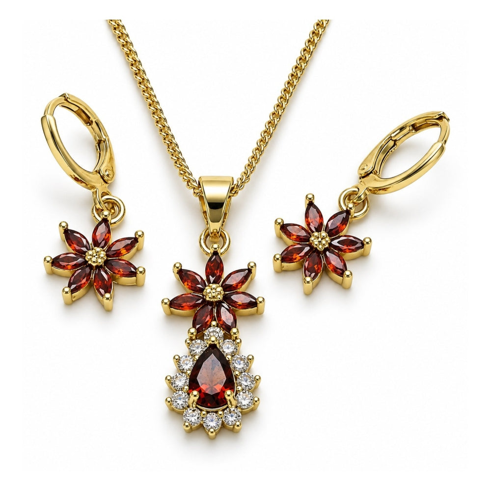 Oro Laminado Earring and Pendant Adult Set, Gold Filled Style Flower and Teardrop Design, with Garnet and White Cubic Zirconia, Polished, Golden Finish