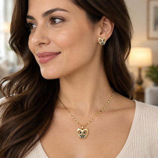 Oro Laminado Earring and Pendant Adult Set, Gold Filled Style Owl Design, with Multicolor Micro Pave and Black Cubic Zirconia, Polished, Golden Finish