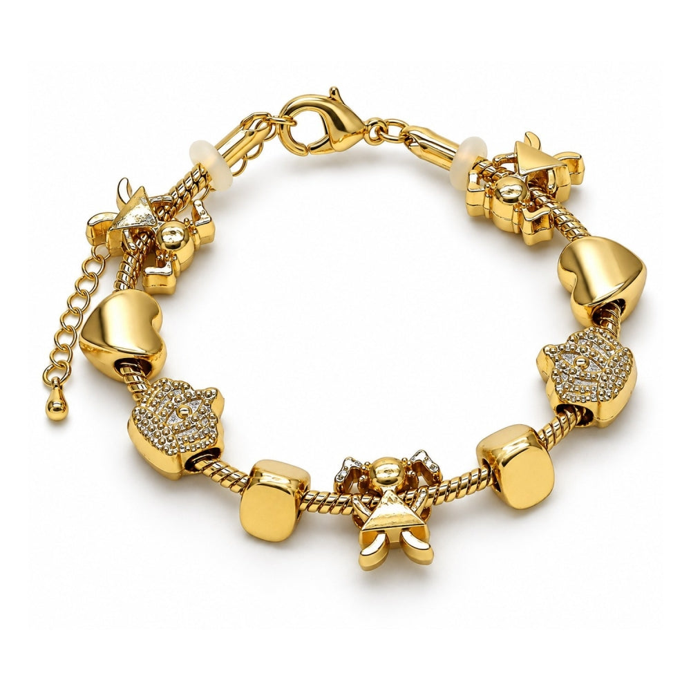 Oro Laminado Fancy Bracelet, Gold Filled Style Little Girl and Crown Design, Polished, Golden Finish