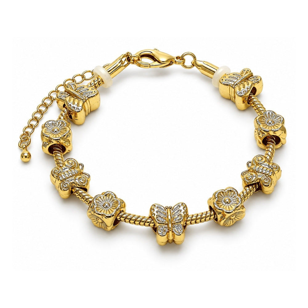 Oro Laminado Fancy Bracelet, Gold Filled Style Butterfly and Flower Design, Polished, Golden Finish