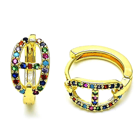 Oro Laminado Huggie Hoop, Gold Filled Style Puff Mariner Design, with Multicolor Micro Pave, Polished, Golden Finish