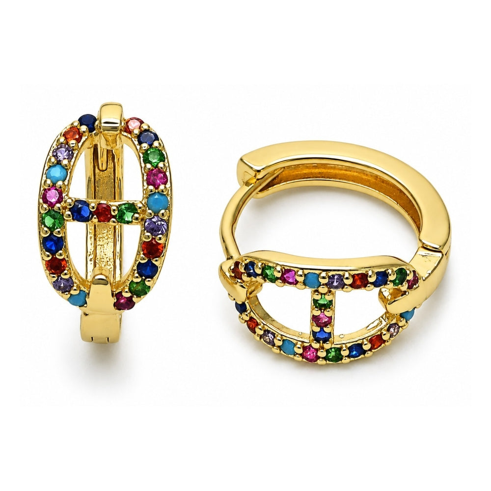 Oro Laminado Huggie Hoop, Gold Filled Style Puff Mariner Design, with Multicolor Micro Pave, Polished, Golden Finish