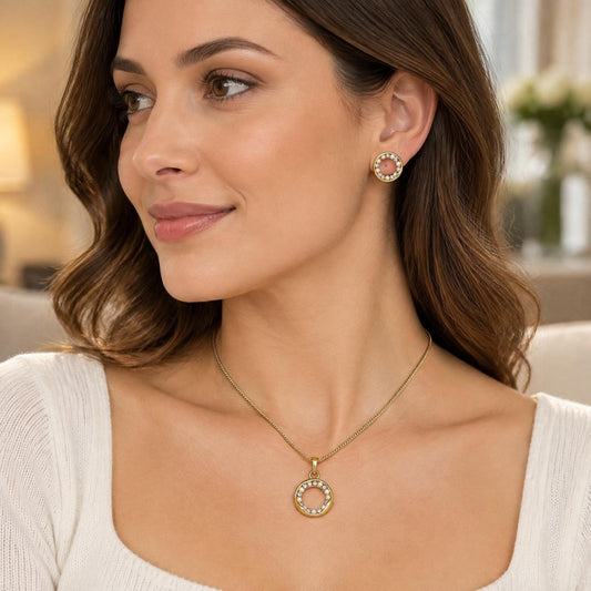 Oro Laminado Earring and Pendant Adult Set, Gold Filled Style with White Crystal and Ivory Pearl, Polished, Golden Finish