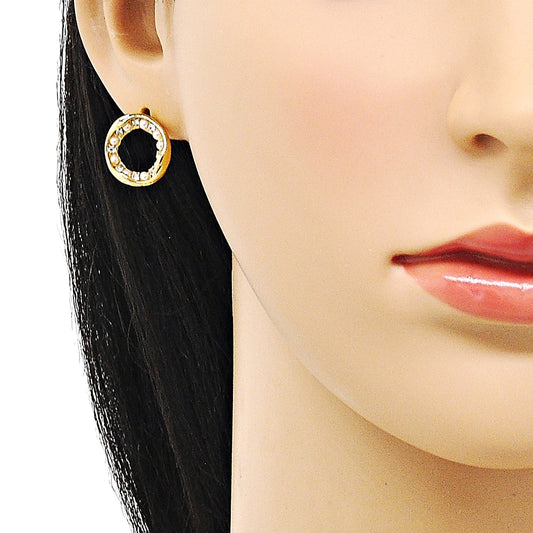 Oro Laminado Earring and Pendant Adult Set, Gold Filled Style with White Crystal and Ivory Pearl, Polished, Golden Finish