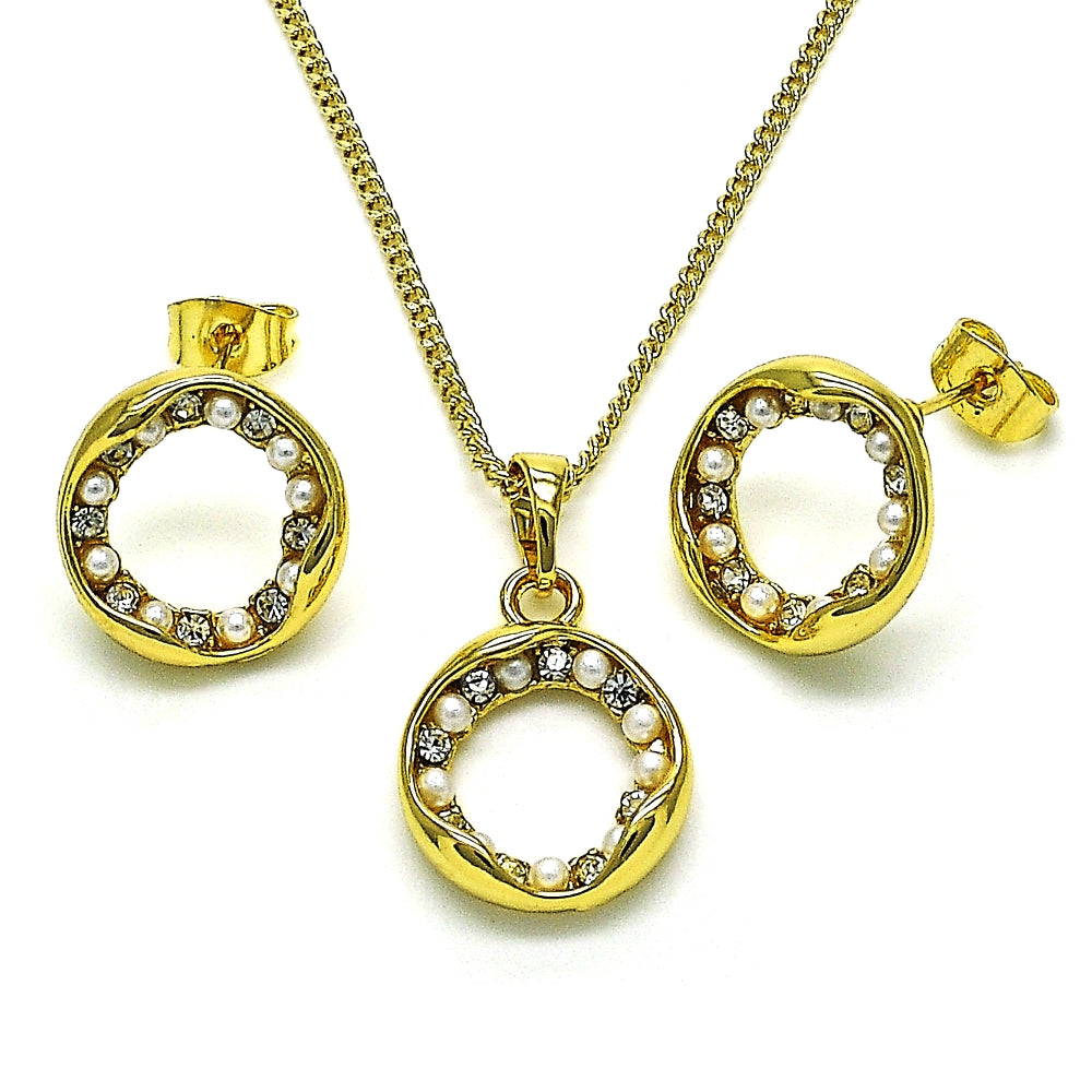 Oro Laminado Earring and Pendant Adult Set, Gold Filled Style with White Crystal and Ivory Pearl, Polished, Golden Finish