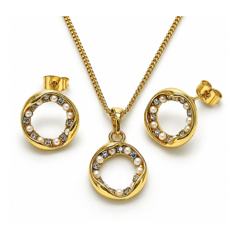 Oro Laminado Earring and Pendant Adult Set, Gold Filled Style with White Crystal and Ivory Pearl, Polished, Golden Finish