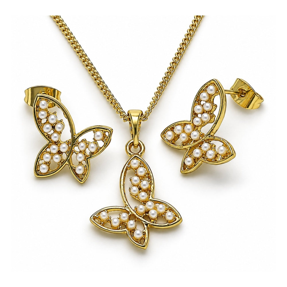 Oro Laminado Earring and Pendant Adult Set, Gold Filled Style Butterfly Design, with Ivory Pearl, Polished, Golden Finish
