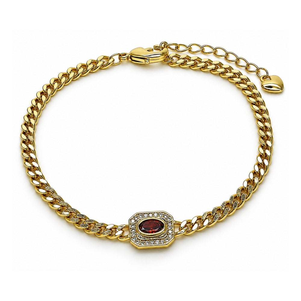 Oro Laminado Fancy Bracelet, Gold Filled Style Miami Cuban Design, with Garnet Cubic Zirconia and White Micro Pave, Polished, Golden Finish