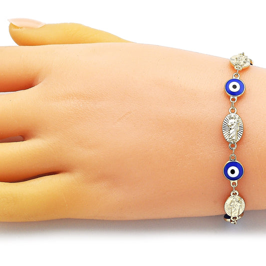 Oro Laminado Fancy Bracelet, Gold Filled Style Evil Eye and San Judas Design, Blue Enamel Finish, Golden Finish