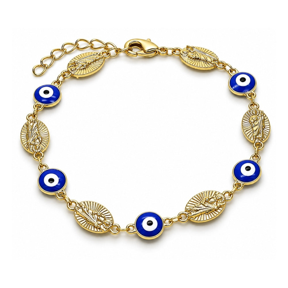 Oro Laminado Fancy Bracelet, Gold Filled Style Evil Eye and San Judas Design, Blue Enamel Finish, Golden Finish