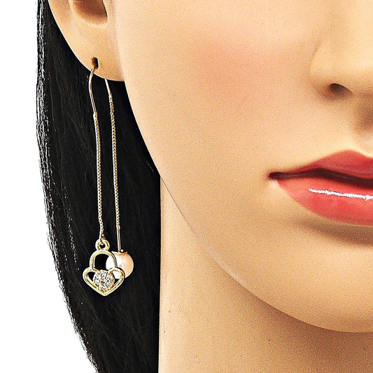 Oro Laminado Threader Earring, Gold Filled Style Heart Design, with White Micro Pave, Polished, Golden Finish