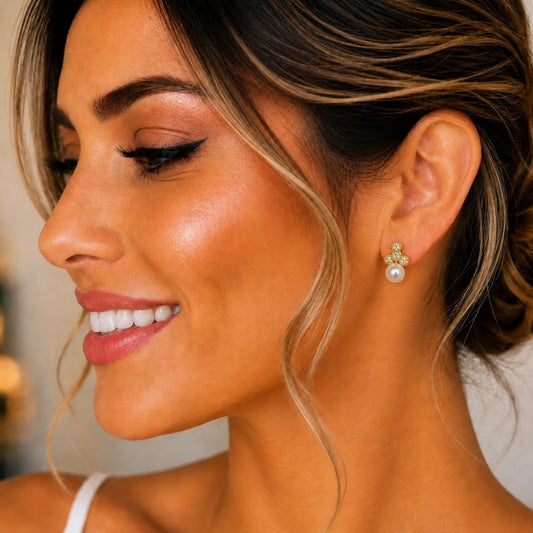 Oro Laminado Stud Earring, Gold Filled Style with White Micro Pave and Ivory Pearl, Polished, Golden Finish