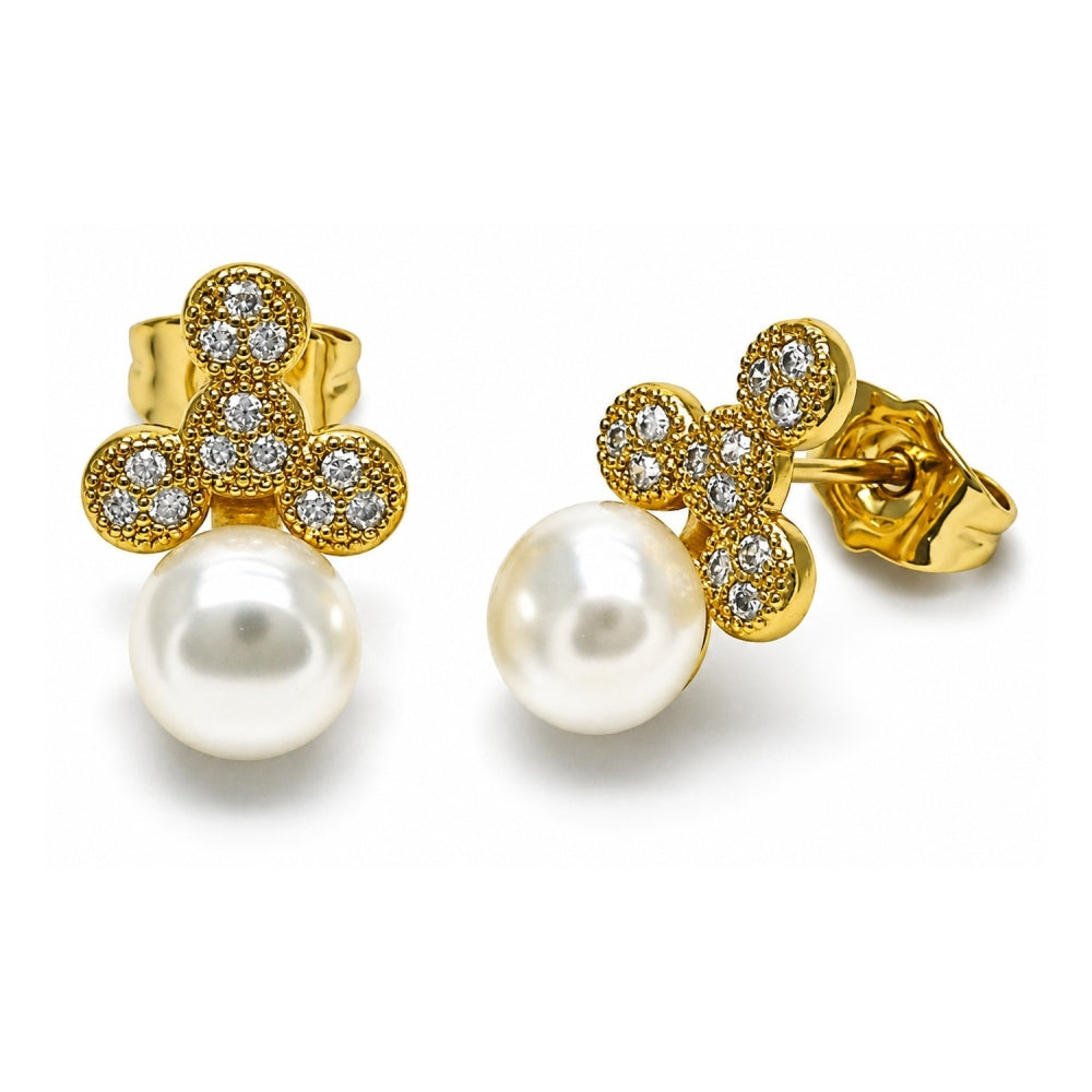 Oro Laminado Stud Earring, Gold Filled Style with White Micro Pave and Ivory Pearl, Polished, Golden Finish