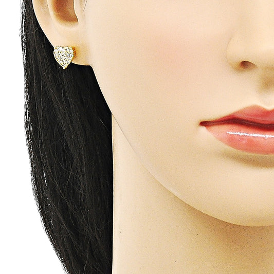 Oro Laminado Stud Earring, Gold Filled Style Heart Design, with White Micro Pave, Polished, Golden Finish