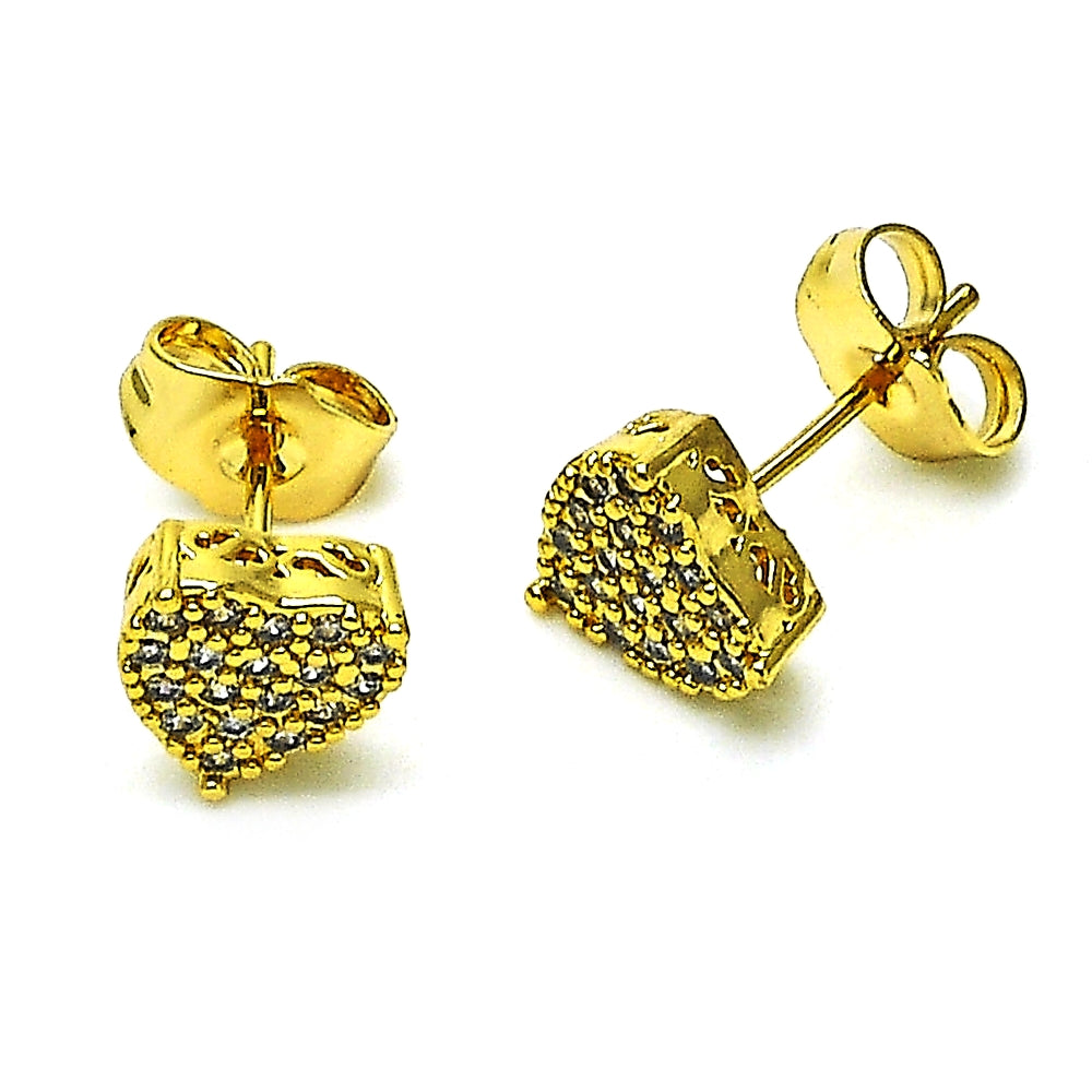 Oro Laminado Stud Earring, Gold Filled Style Heart Design, with White Micro Pave, Polished, Golden Finish