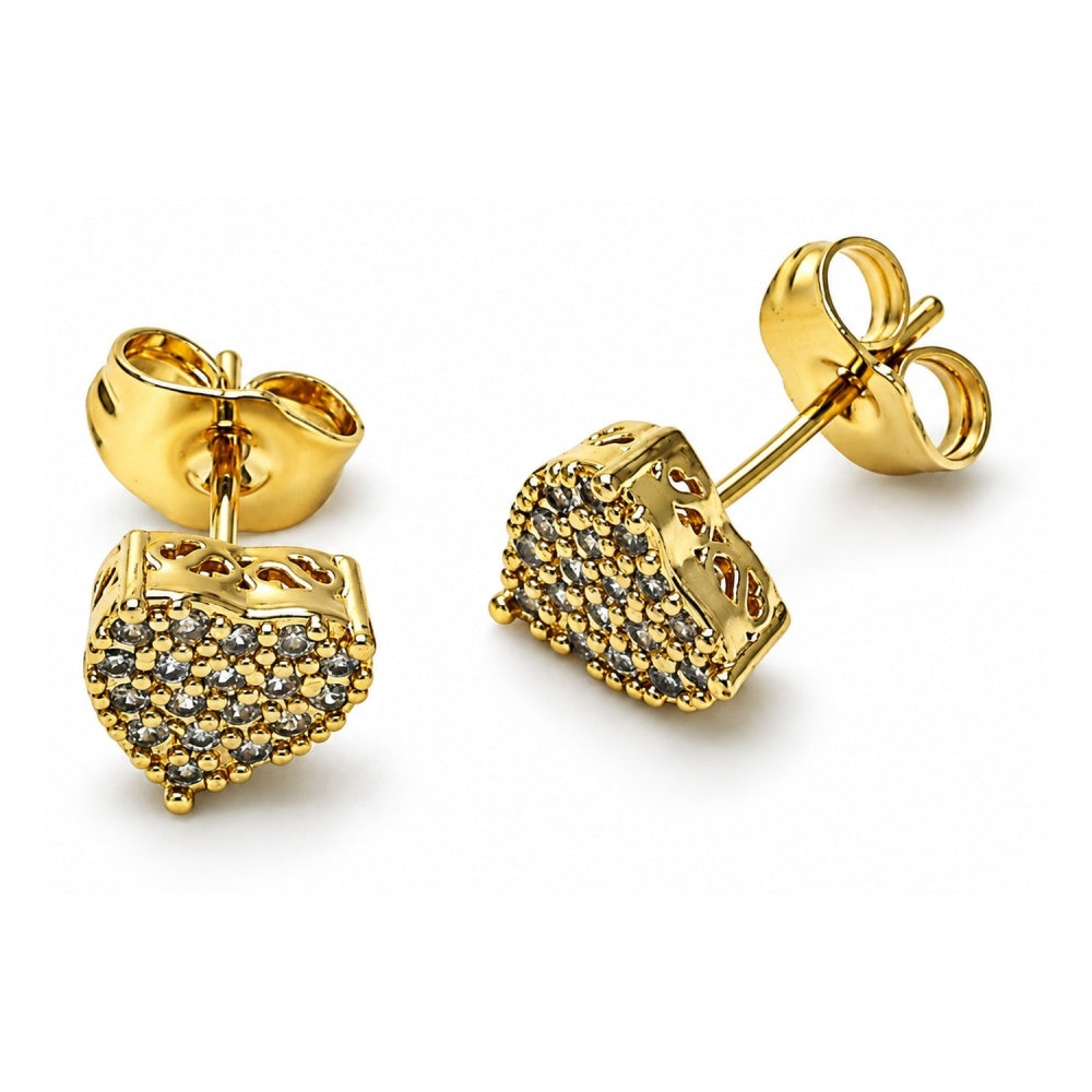 Oro Laminado Stud Earring, Gold Filled Style Heart Design, with White Micro Pave, Polished, Golden Finish