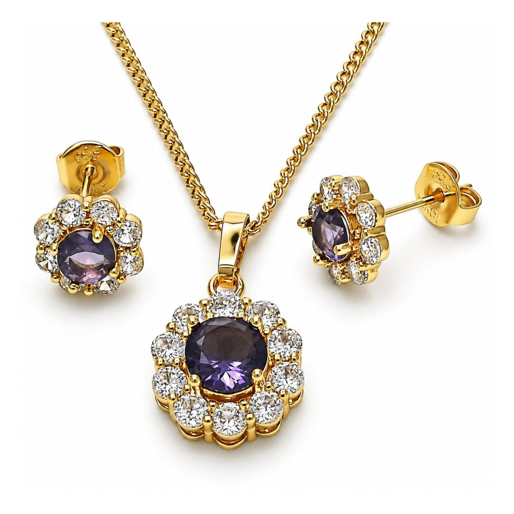 Oro Laminado Earring and Pendant Adult Set, Gold Filled Style Flower and Cluster Design, with Dark Amethyst and White Cubic Zirconia, Polished, Golden Finish