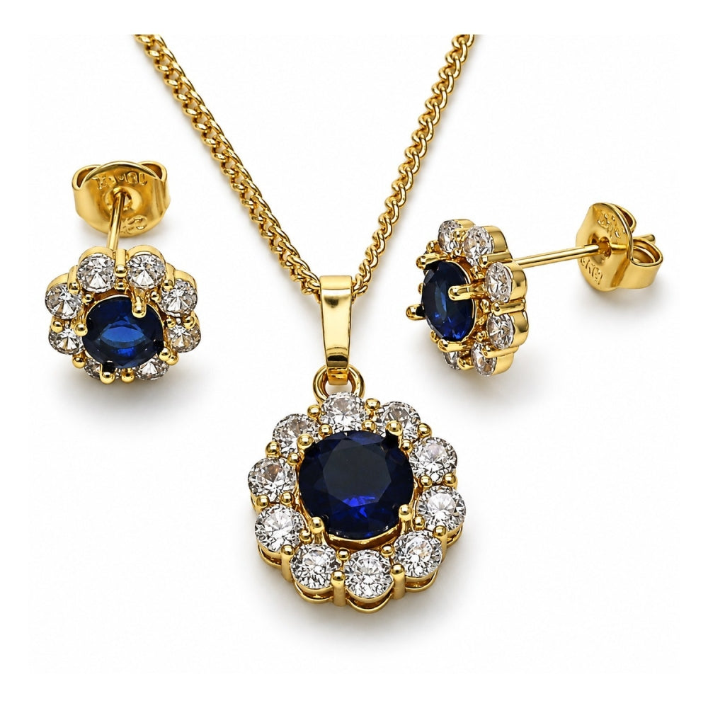 Oro Laminado Earring and Pendant Adult Set, Gold Filled Style Flower and Cluster Design, with Sapphire Blue and White Cubic Zirconia, Polished, Golden Finish