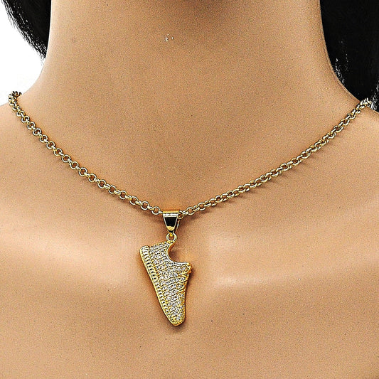 Oro Laminado Fancy Pendant, Gold Filled Style Shoes Design, with White Micro Pave, Polished, Golden Finish