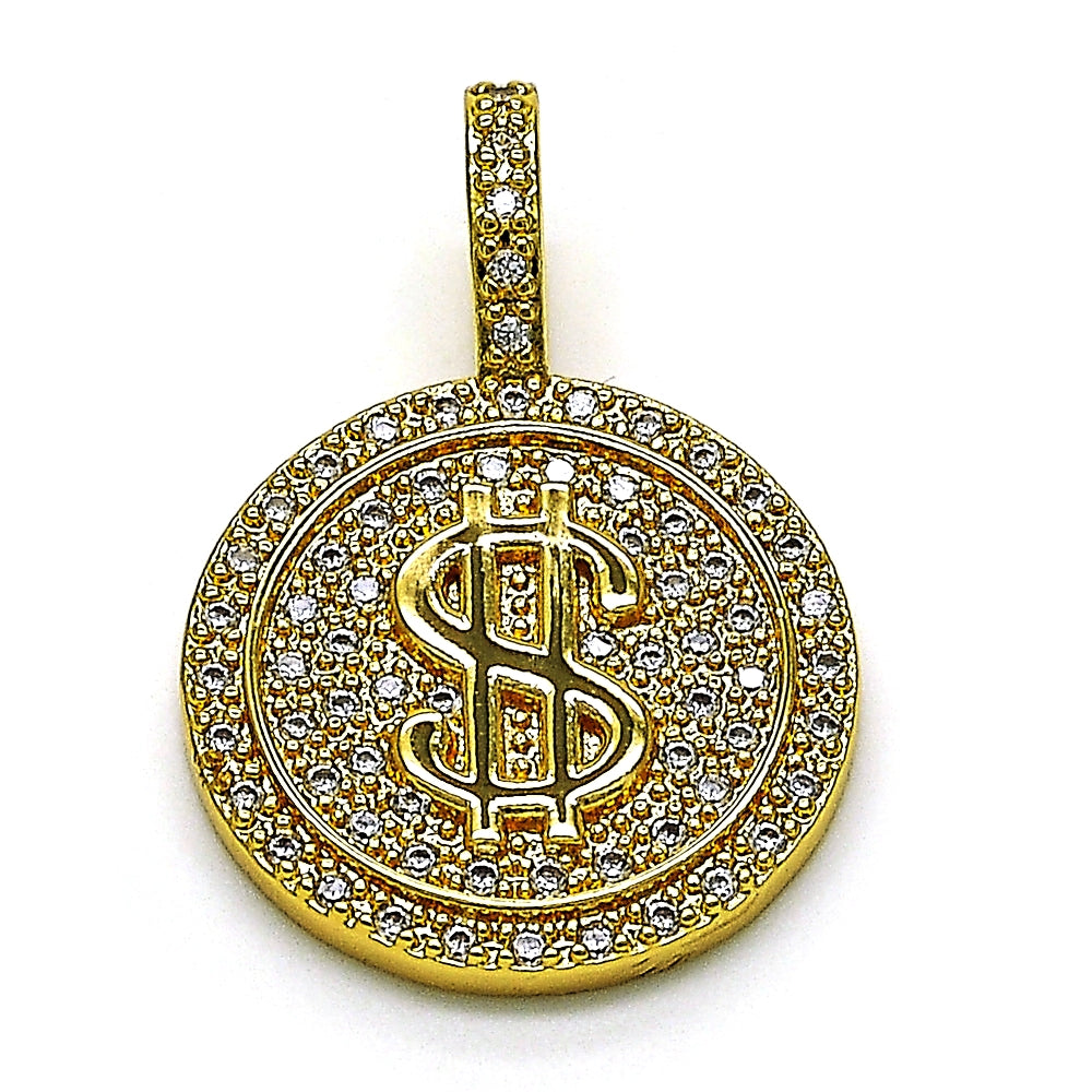 Oro Laminado Fancy Pendant, Gold Filled Style Money Sign Design, with White Micro Pave, Polished, Golden Finish