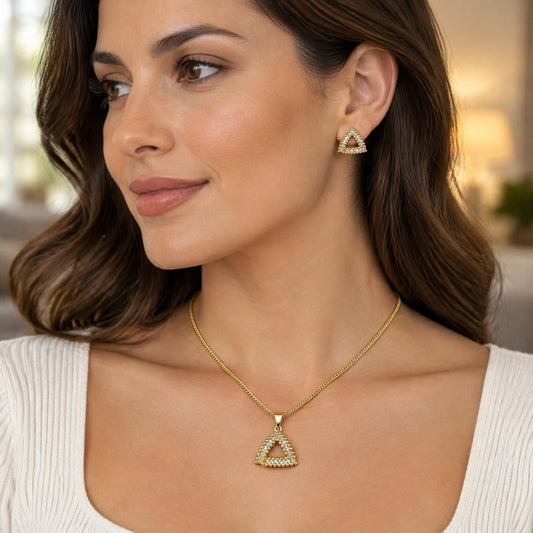 Oro Laminado Earring and Pendant Adult Set, Gold Filled Style with White Micro Pave, Polished, Golden Finish